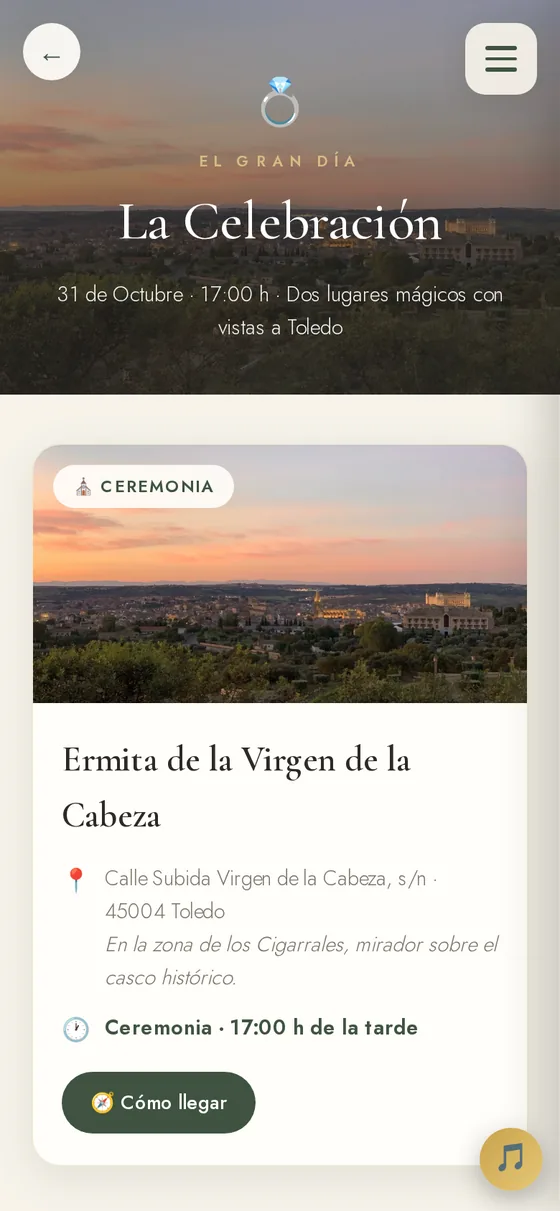 Sección La Boda con horarios y ubicaciones del gran día