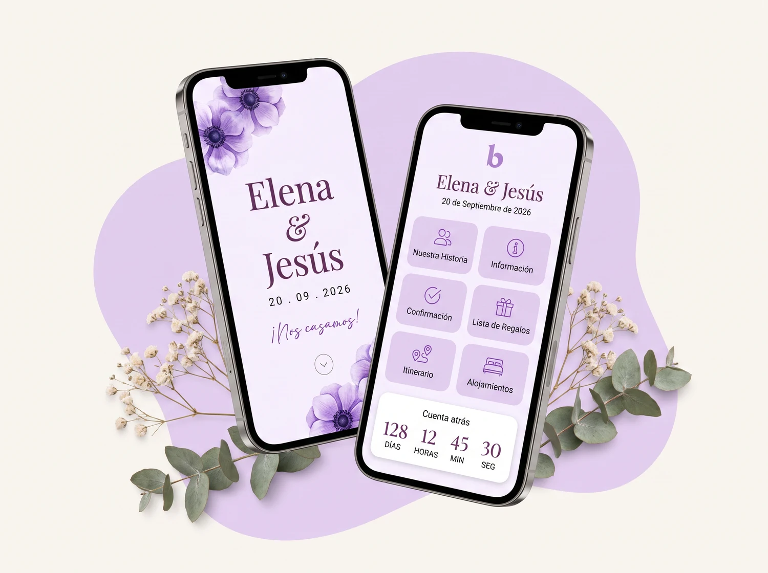 App de bodas de brandtech: invitación digital de Elena y Jesús y panel de la app con cuenta atrás
